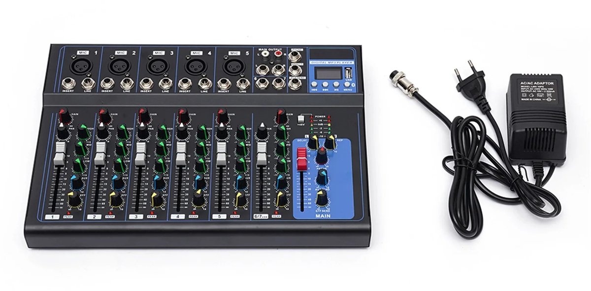 Kelseek audiomixer - Soundmixer - Mengpaneel - 7-kanaals - Bluetooth - Digitaal - Microfoon input - DJ - Klankbord - Zwart