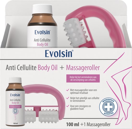 Evolsin Anti Cellulite Body Oil flesje en roze massageroller.
