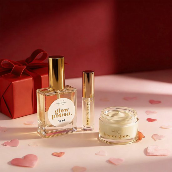 HG Aesthetics Honey Glow & Kiss Bundle – Valentijnsdag Cadeau voor Haar – Honey Dry Oil 50 ml + Ceramide Crème SPF15 + Lip Plumping Serum – Glow & Hydratatie Set