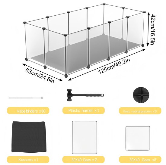Transparante dierenren van 125x63x42 cm met grijze bodemplaat, inclusief kabelbinders, plastic hamer en verbindingsstukken.