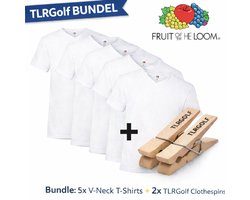 5 Stuks Fruit of the Loom T-shirts Heren V-Hals - Maat XXL (Wit) Inclusief 2 TLRGolf Wasknijpers