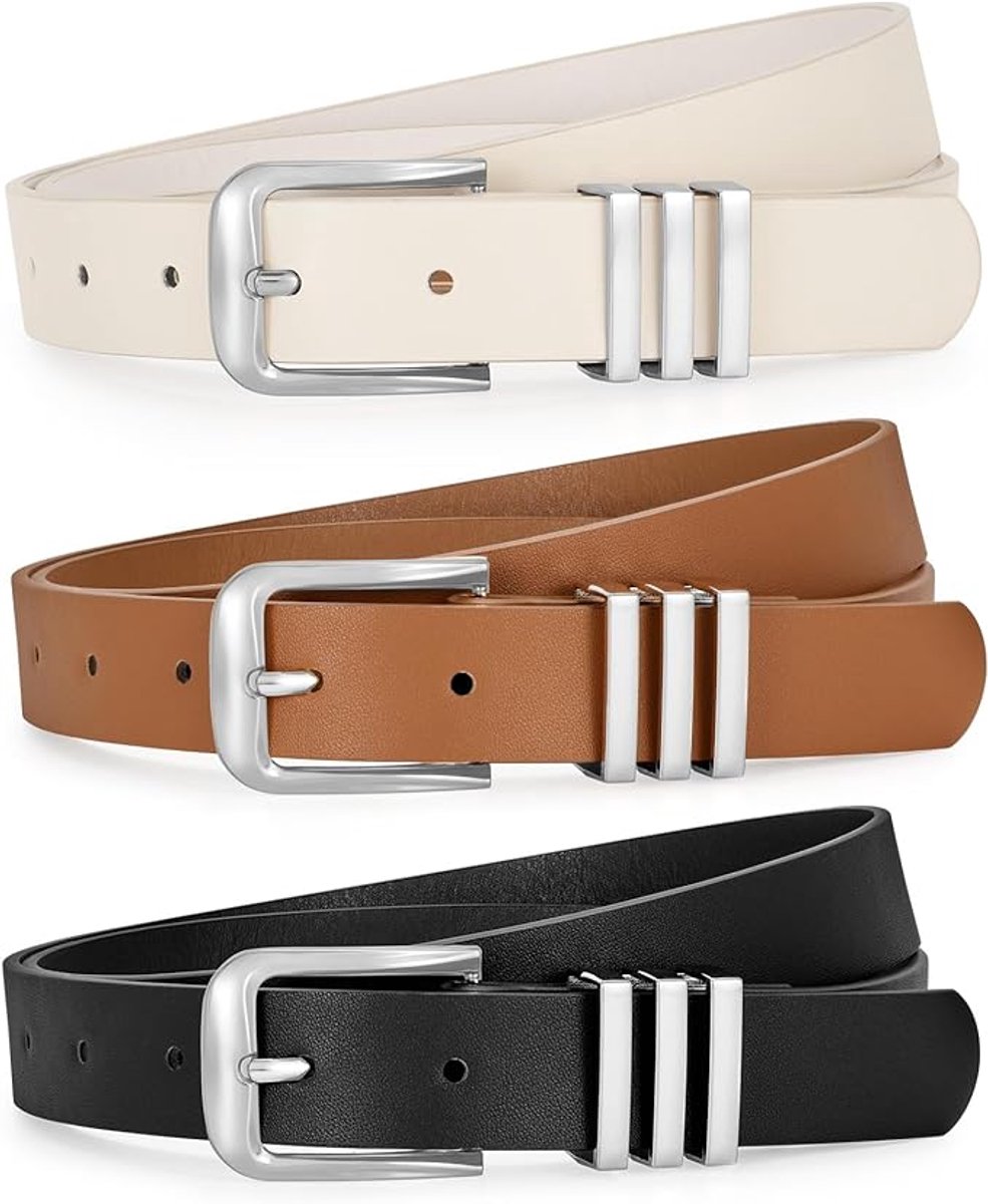 Leren Riem voor Dames - Lederen Riem met Zilveren Gesp Verstelbaar - Stijlvol Cadeau voor Dagelijks Gebruik - 130 cm - 3 Stuks - Zwart/Bruin/Beige - van Imperatoris