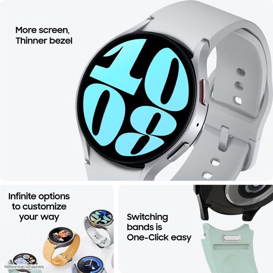 Samsung Galaxy Watch6 met dunne rand. Verschillende wijzerplaten en bandjes in geel, grijs en blauw. Een groen bandje wordt getoond.