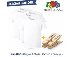 5 Pack Fruit of the Loom Original Heren T-Shirt 100% Katoen Ronde Hals - Maat S (WIT) Inclusief 2 TLRGolf Wasknijpers