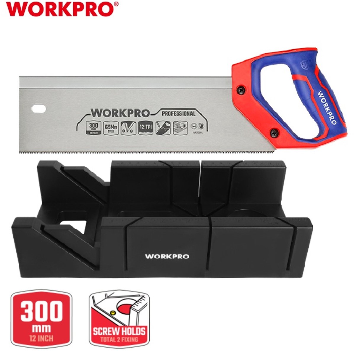 WORKPRO Verstekzaag + Verstekbak 300 mm Set – 65Mn Zaagblad – 45° & 90° – Precisie Hout & MDF – WP215014 + WP215029