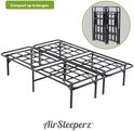 Zwart metalen opklapbaar bedframe, links compact op te bergen.