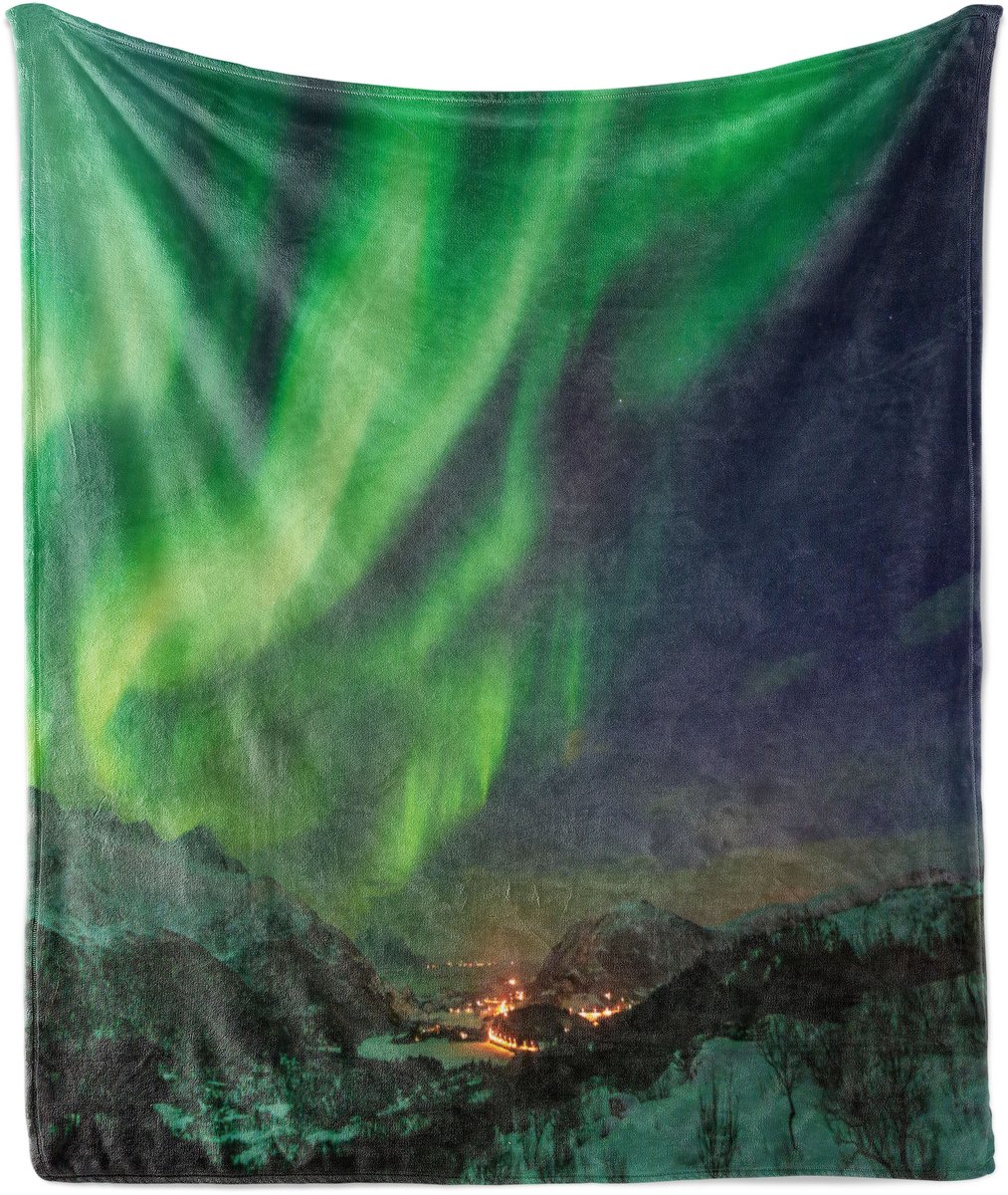 ABAKUHAUS Noorwegen Zachte Flanellen Fleece Deken, Aurora Borealis Groene Tinten, Gezellige Pluche Plaid, 175 x 230 cm, Limegroen Donker Lavendel