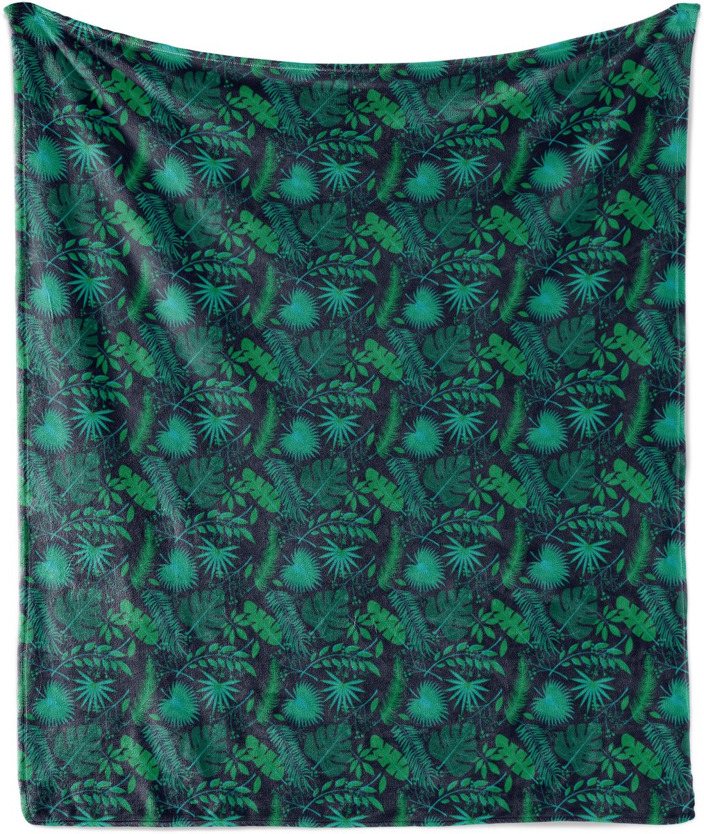 ABAKUHAUS Tropische zachte flanellen fleece deken, hibiscus- en plumeriabladeren, knusse pluche plaid, 175 x 230 cm, indigo jadegroen
