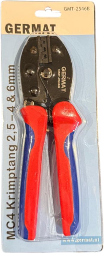 GERMAT MC4 krimp tang voor 2,5 – 4 & 6mm² op verpakking met rode en blauwe handvatten.