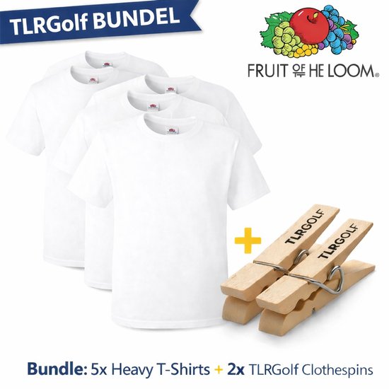 5 T-shirts Fruit of the Loom Heavy pour hommes à col rond - Blanc Taille XL (avec 2 pinces à linge TLRGolf)