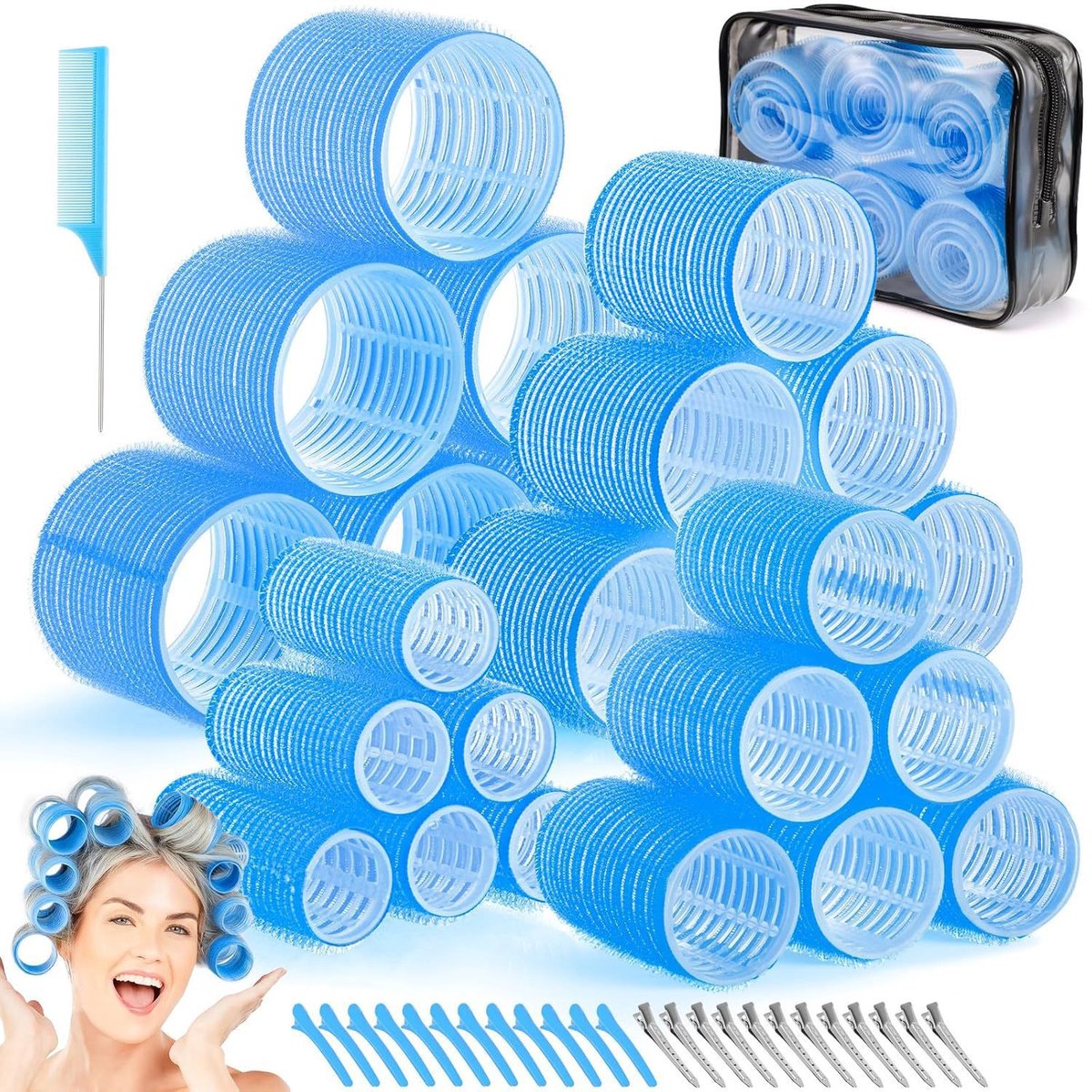 50-delige haarkrulset, bestaande uit 24 verwarmde en hittevrije krulspelden in 4 maten (60 mm, 48 mm, 3,6 mm en 2,5 mm), 24 haarclips en 1 kam, geschikt voor kort, middellang en lang haar.Blauw