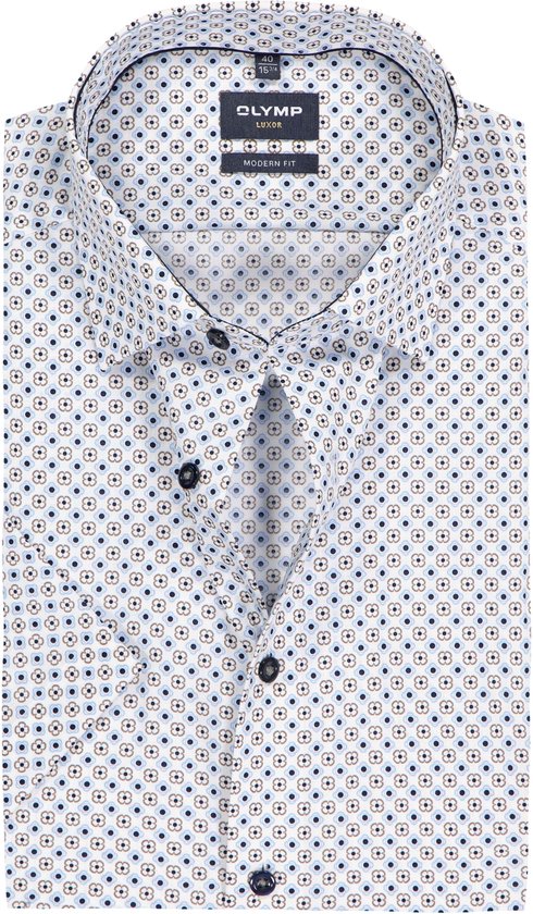 OLYMP Luxor modern fit overhemd - korte mouw - dobby - wit met blauw dessin - Strijkvrij - Boordmaat: 43