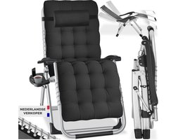 tectake® Opvouwbare Ligstoel Cloud - Tuinstoel met Tafeltje - Bekerhouder - Traploos Verstelbaar - Voor Balkon, Camping of Tuin - Relaxstoel met extra dik Kussen - Strandstoel - Ligbed - Div. kleuren - Zwart