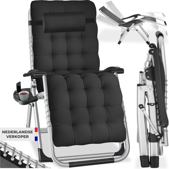 Fauteuil noir réglable avec coussins épais, porte-gobelet et cadre pliable.