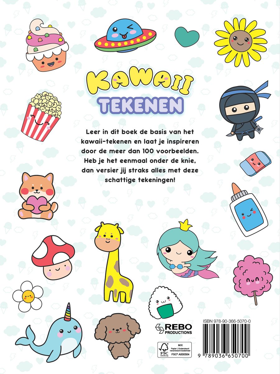 Achterblad van 'Kawaii Tekenen' met diverse kawaii-illustraties: cupcake, ufo, zonnebloem, ninja, popcorn, giraffe, zeemeermin, walvis, paddestoel.
