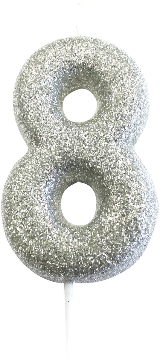 ANNIVERSARY HOUSE - Kaars op prikker cijfer 8 zilver glitter 7 cm voor verjaardagstaart