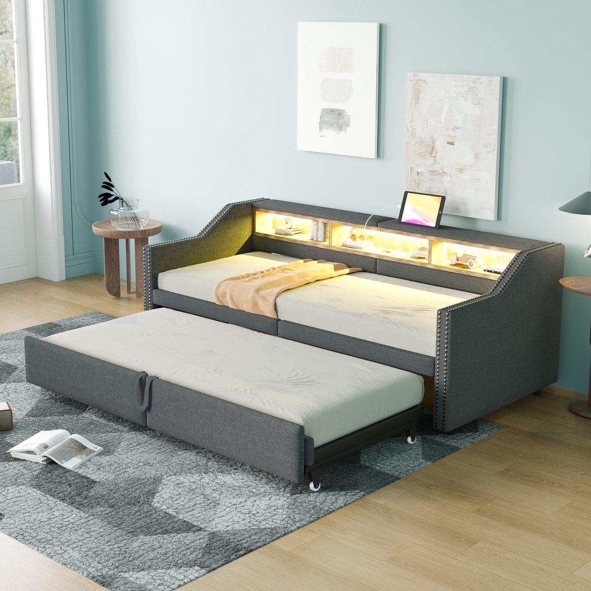 Wishdor Gestoffeerde Slaapbank 90/180x200 cm – Uitschuifbaar – Opbergvakken met LED en USB – Linnen – Donkergrijs
