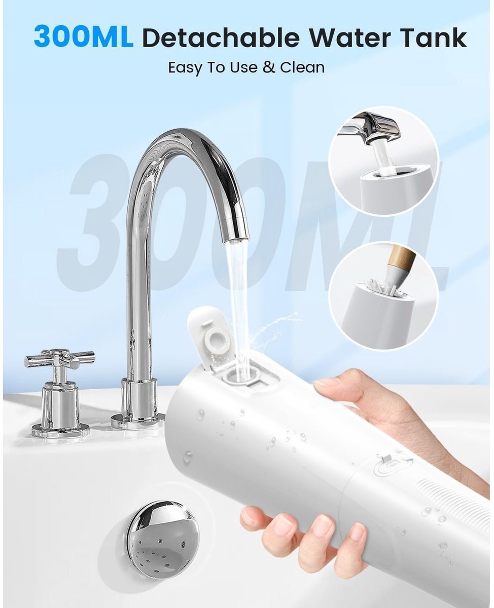 Waterflosser-Monddouche-Draagbare Mondirrigator-Tandirrigator met 8 Nozzles en 5 Standen-Waterdicht 300ML USB-C Oplaadbaar -ZWART. thumbnail 2