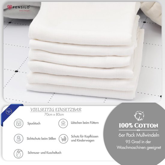 Hydrofiele Luiers - Hydrofiele Doeken - 70 x 80 cm - 6 pack - Wit- EU gefabriceerd - Fensilo — afbeelding 2