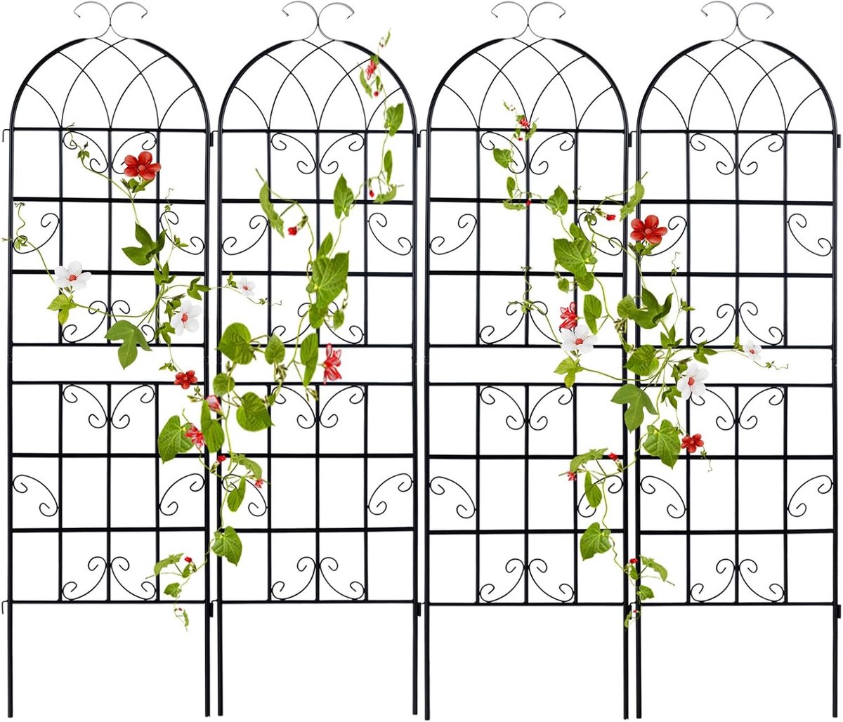 KOMFOTTEU Rankrooster metaal set van 4 stuks, inkijkbescherming tuin 180 cm hoog, rozentraliewerk, rozenrooster, plantenrooster, ranknet, rankhulp zwart