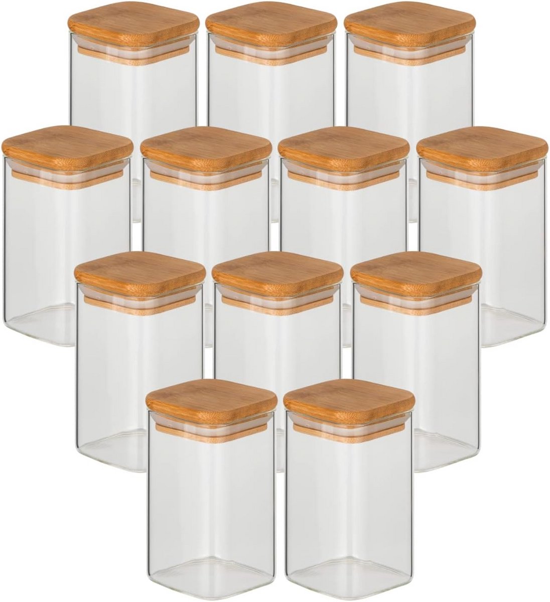 Set van 12 Vierkante Bewaarpotten 250 ml van Borosilicaatglas met Houten Deksel