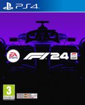 F1 24 gamecover met formule 1 auto's en het F1 24 logo op een paarse achtergrond.