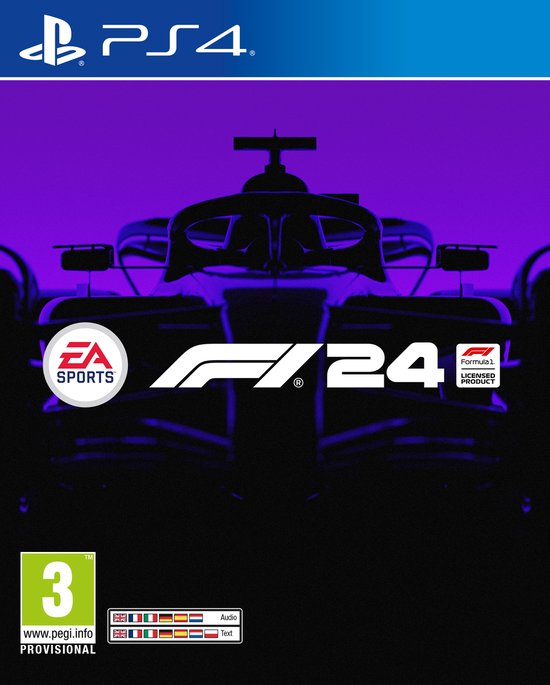 F1 24 gamecover met formule 1 auto's en het F1 24 logo op een paarse achtergrond.
