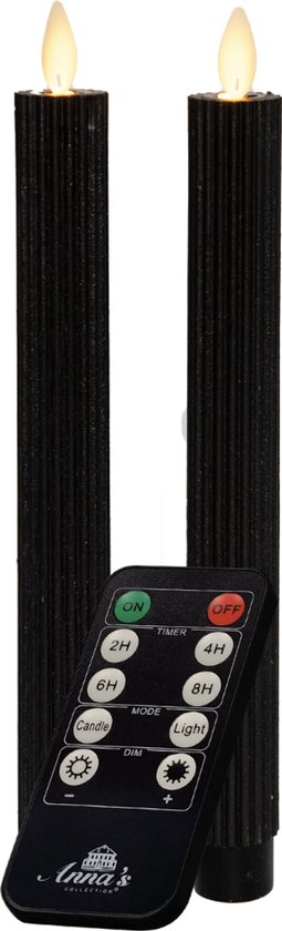 LED kaarsen met bewegende vlam 2x - Antraciet Zwart - Anthracite - Afstandsbediening - Dinerkaars rustiek wax 24.5 cm - LED kaars batterij