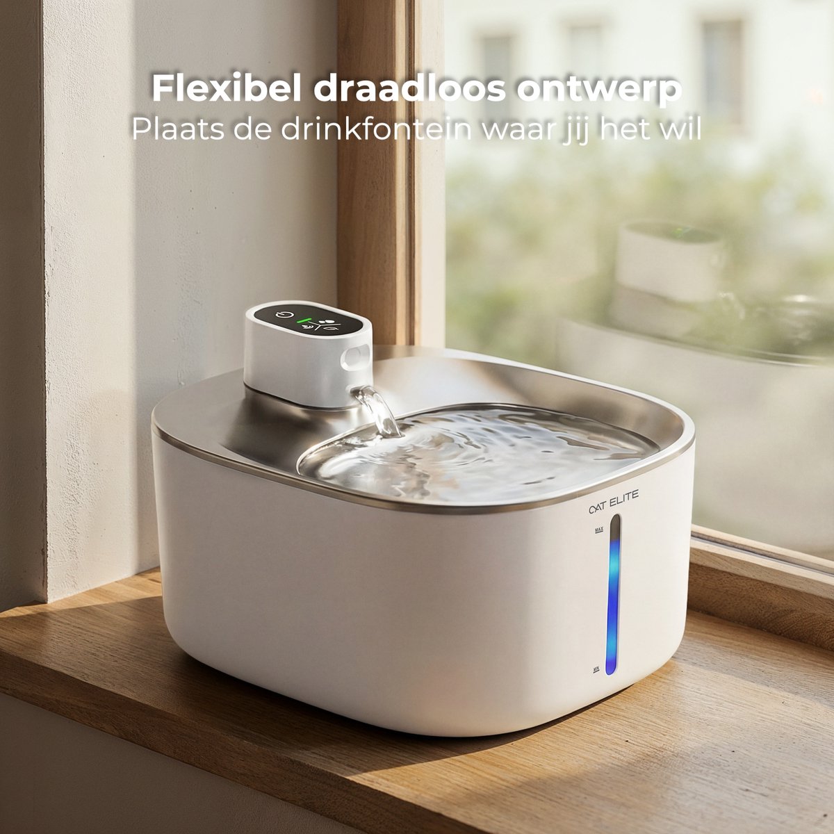 CatElite® - Premium Drinkfontein Kat | Stream - Draadloos - Waterdispenser met Sensor en Accu - Incl. 2 Filters - 4L Waterfontein Kat - Kattenfontein - Fluisterstil - RVS Wit thumbnail 2