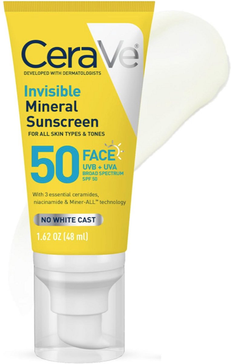 CeraVe Invisible Mineral Sunscreen SPF50 Gezichtscrème Travel Size 48ML – Minerale Zonnebrand met Ceramiden, Niacinamide & Vitamine E, Olievrij
