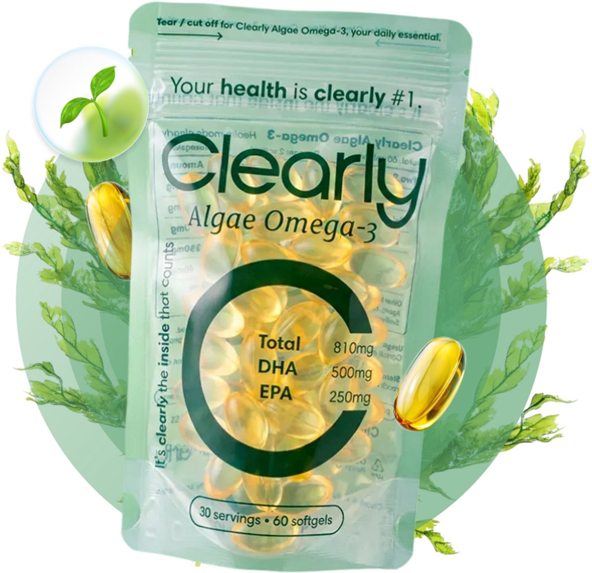 Clearly Omega 3 Vegan – Uit Algen - Zonder Nasmaak - 250mg DHA + 125mg EPA per Softgel - Plantaardig & Duurzaam – Zonder Carrageen – 60 Softgels / 30 Porties