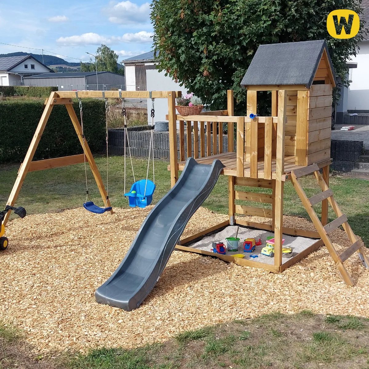 WICKEY speeltoestel klimtoestel Smart Cave met schommel & rode glijbaan, outdoor klimtoren voor kinderen met zandbak, ladder & speelaccessoires voor de tuin — afbeelding 6