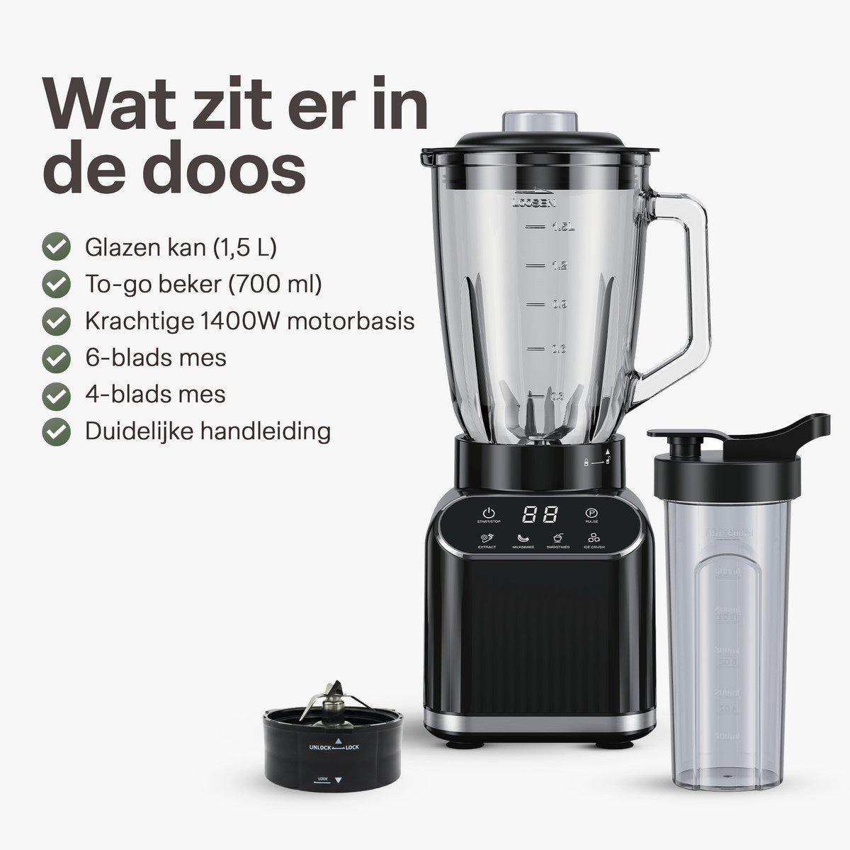 Chefino Blender 1400W – Krachtige Smoothie Blender met Glazen Kan 1,5L – Inclusief 700 ml To-Go Beker – 6-Blads & 4-Blads Mes – IJscrusher – Zelfreinigend – Keukenblender voor Smoothies & Shakes – foto 3