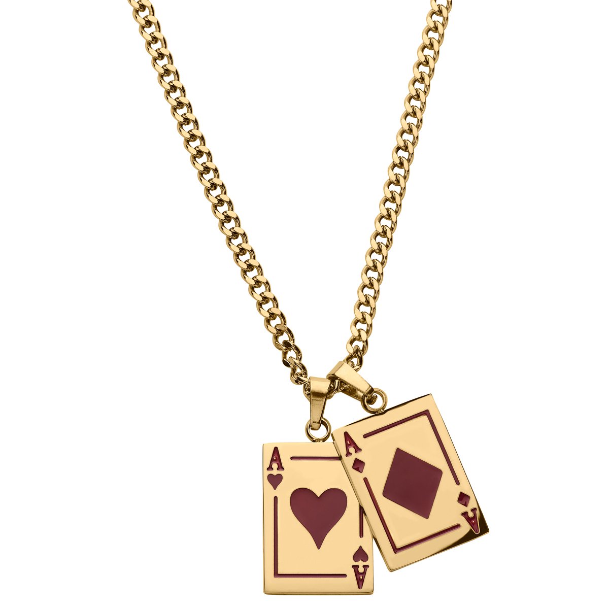 Ace | Goudkleurige Ketting met Dubbele Hanger van Paar Rode Azen