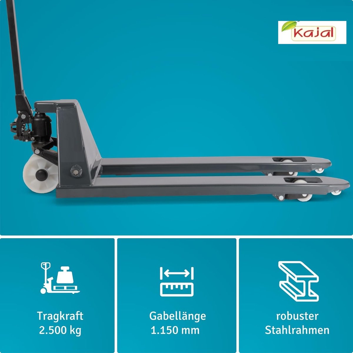 Hydraulisch systeem 3000 kg (3 ton) - Hoogwaardige pallettruck, handmatige hydraulische heffunctie met handbediende voetpedaal, versterkte pomp, vorkmaat 1150-1220 mm met Kajal Sticker