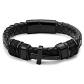 Gevlochten Zwarte Armband met Zwart Roestvrijstalen Kruis