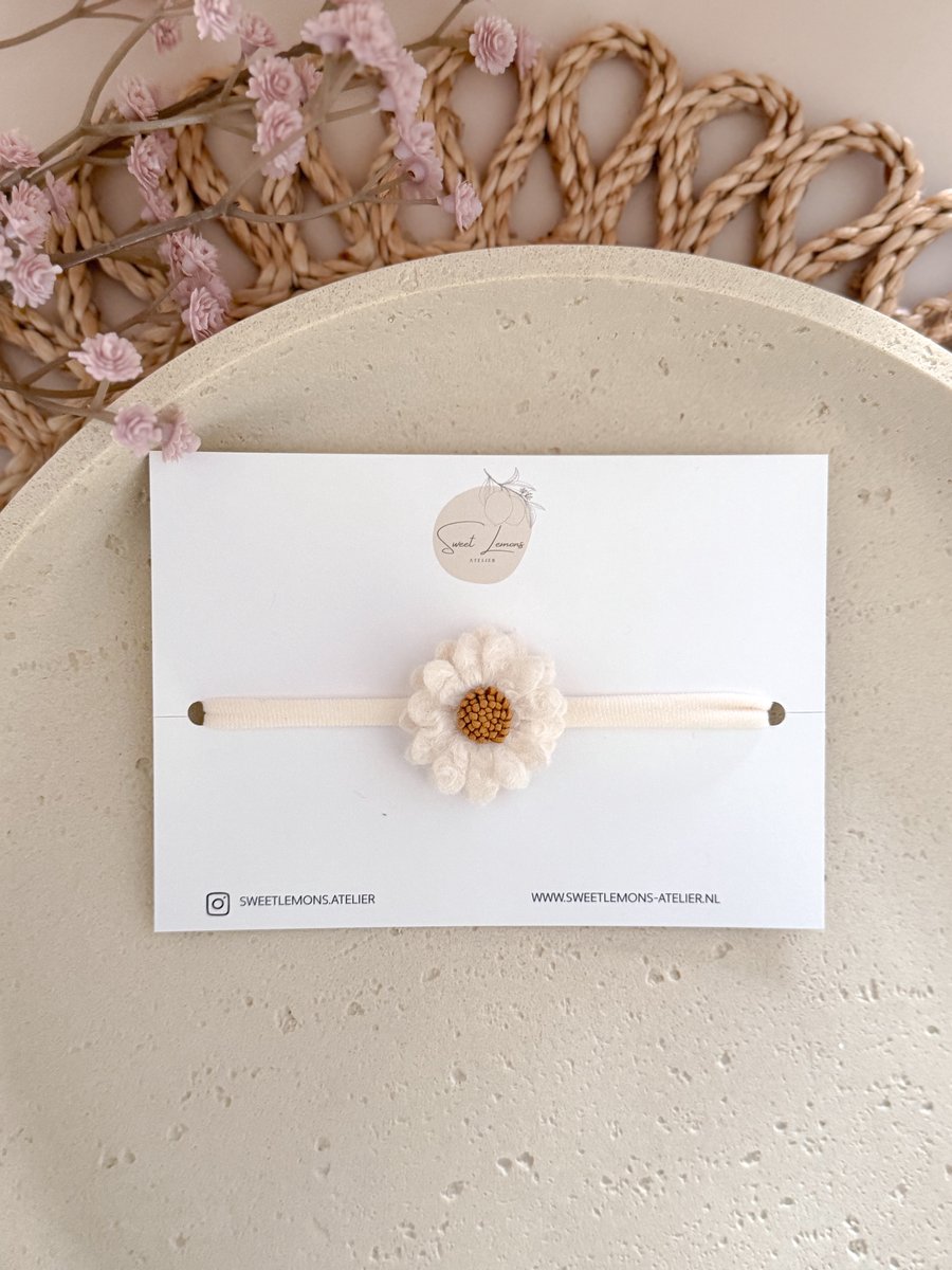 Haarband Wool Flower - Naturel - Elastische Haarbandje - Haarbanden voor Baby & Newborn - Haaraccessoires voor Meisjes & Kinderen - Kraamcadeau - Bloemen