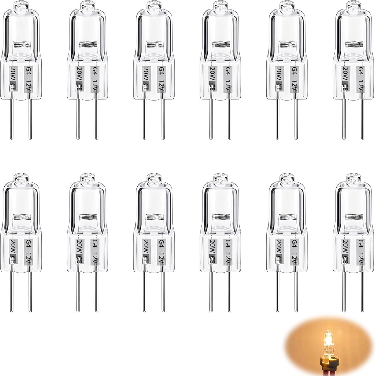 12-pack G4 Halogeenlampjes 20W 12V – Dimbaar Warmwit 2700K met 2 Pinnen voor Spots en Verlichting