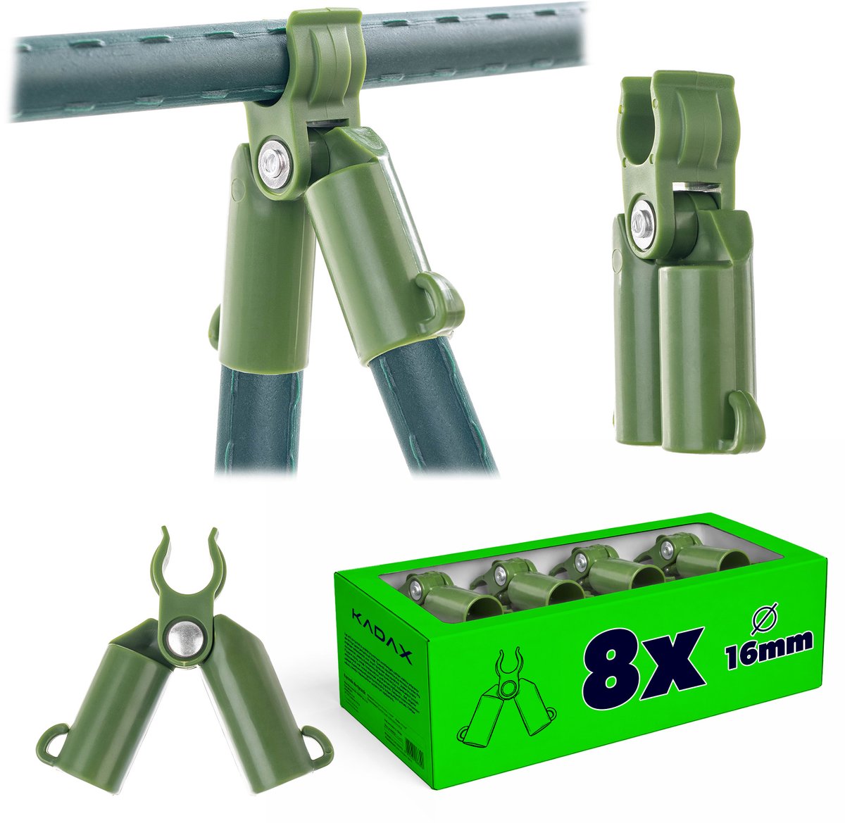 KADAX Plantenstaaf-connector van kunststof, connector met scharnier voor plantenstokken, tuinaccessoires om te verbinden, klimhulp, staafhouders (16 mm, 8 stuks)