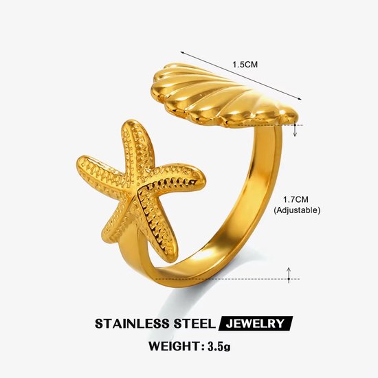 RVS Zeester en Schelp Ring voor Dames - Zomer Strand Ring - Luxe Sieraad van Roestvrij Staal - Verkleurvrij van Yonoa. — afbeelding 2