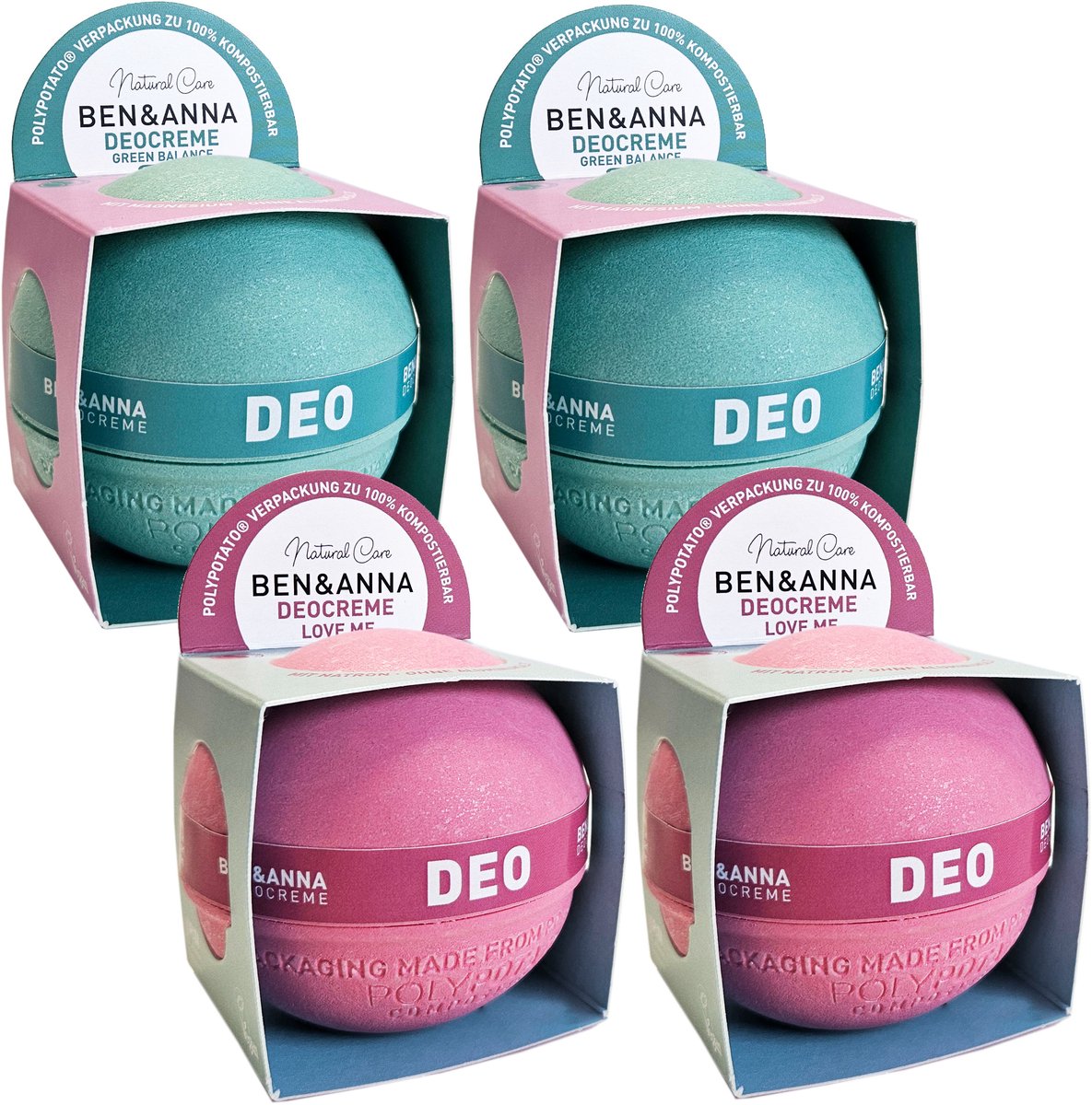 Ben & Anna - Poly Potato Deocrème - 2x Love Me + 2x Green Balance - 4 Pak- 4x 40GR - Voordeelverpakking