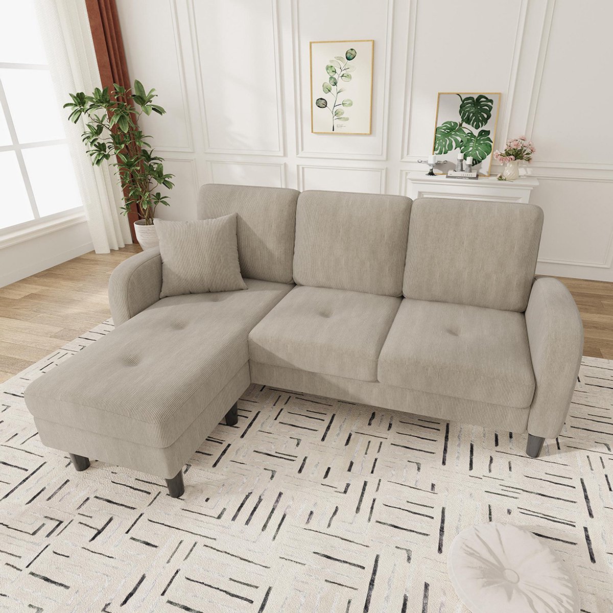 BLACKCOLORS 166 x 118 x 77 cm, L-vormige hoekbank met chaise longue - 3-zitsbank, corduroy stof, kunststof poten, modulair ontwerp, ideaal voor woonkamers, appartementen en kantoren