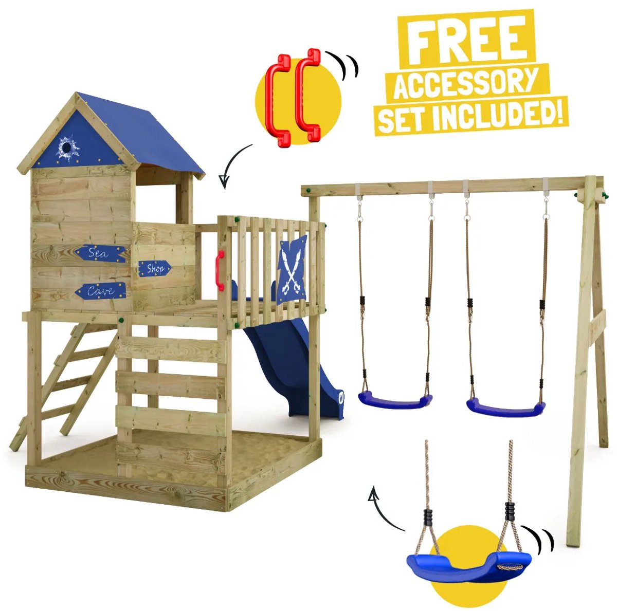WICKEY speeltoestel klimtoestel Smart Cave met schommel & rode glijbaan, outdoor klimtoren voor kinderen met zandbak, ladder & speelaccessoires voor de tuin — afbeelding 4