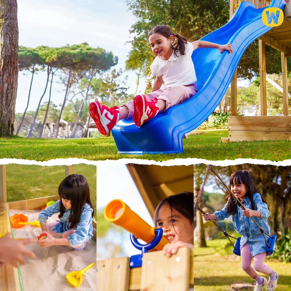 WICKEY speeltoestel klimtoestel Smart Cave met schommel & rode glijbaan, outdoor klimtoren voor kinderen met zandbak, ladder & speelaccessoires voor de tuin — afbeelding 15