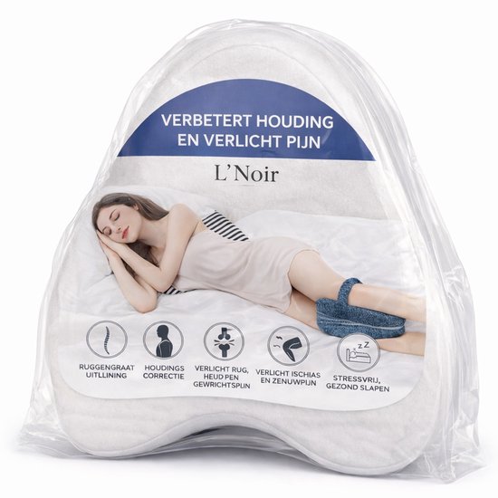 Vrouw slaapt met een orthopedisch kniekussen tussen haar benen. Verbetert houding en verlicht pijn. Iconen voor ruggengraat, houding, rug, heup, ischias en slaap.