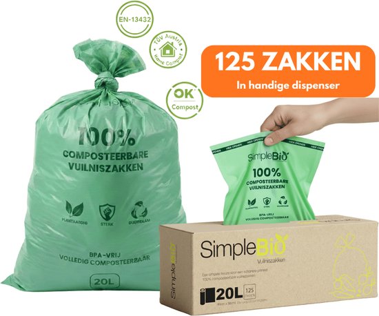 Sacs poubelles verts 100% compostables, 20L, sans BPA, dans un distributeur pratique de 125 pièces. Certifié OK Compost.