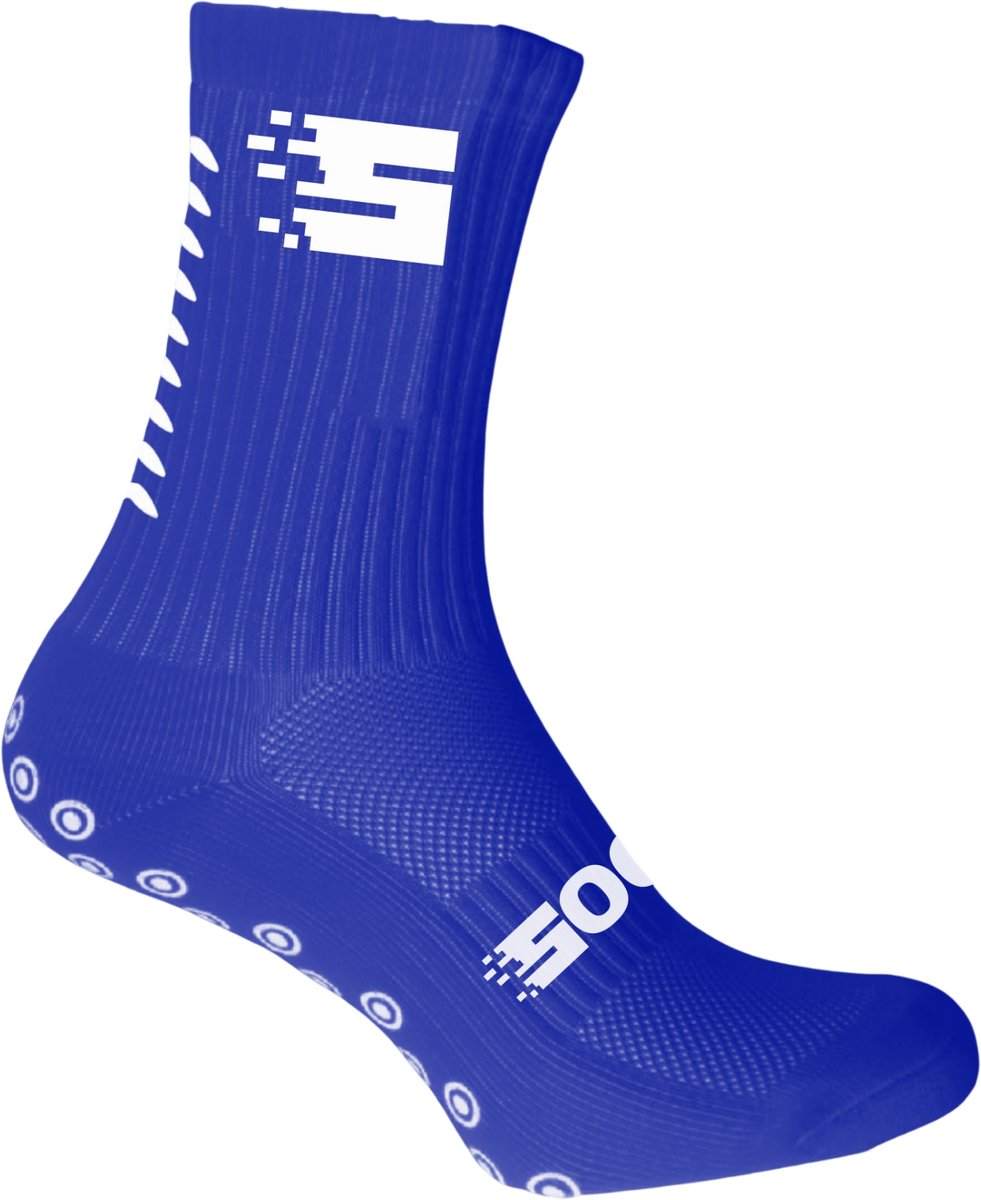 Blauwe SOCKZ gripsokken met antislip en logo, ontworpen voor optimale grip en controle tijdens het voetballen.