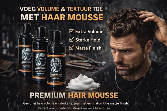 Man aux boucles définies et photo produit de trois flacons de mousse capillaire Barnie Cosmetics. "AJOUTEZ VOLUME & TEXTURE AVEC LA MOUSSE CAPILLAIRE".