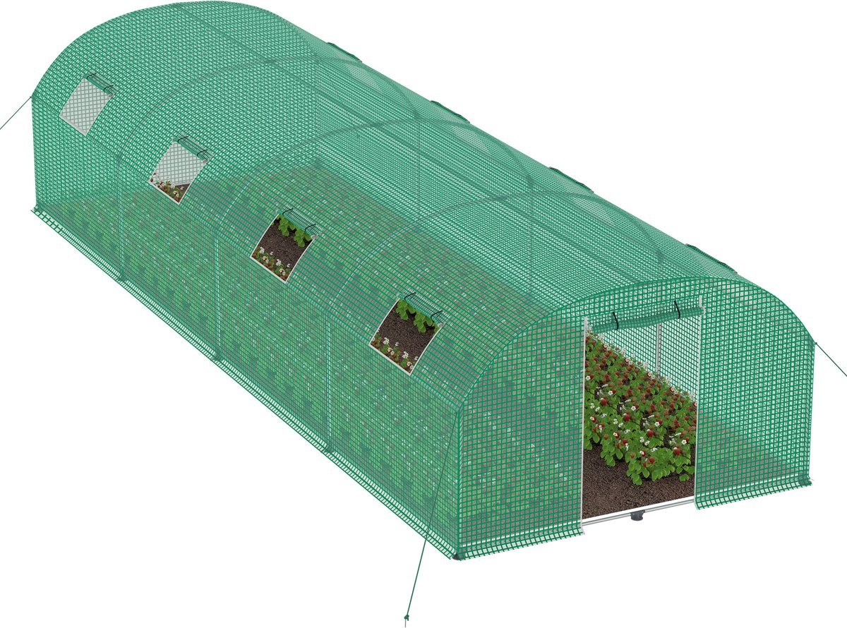 Aufun Foliekas 3x8x2m Verzinkt Staal – Met Vensters met Muggengaas en Deur – Stabiele Gartentunnel voor Tomaten en Planten – Groen