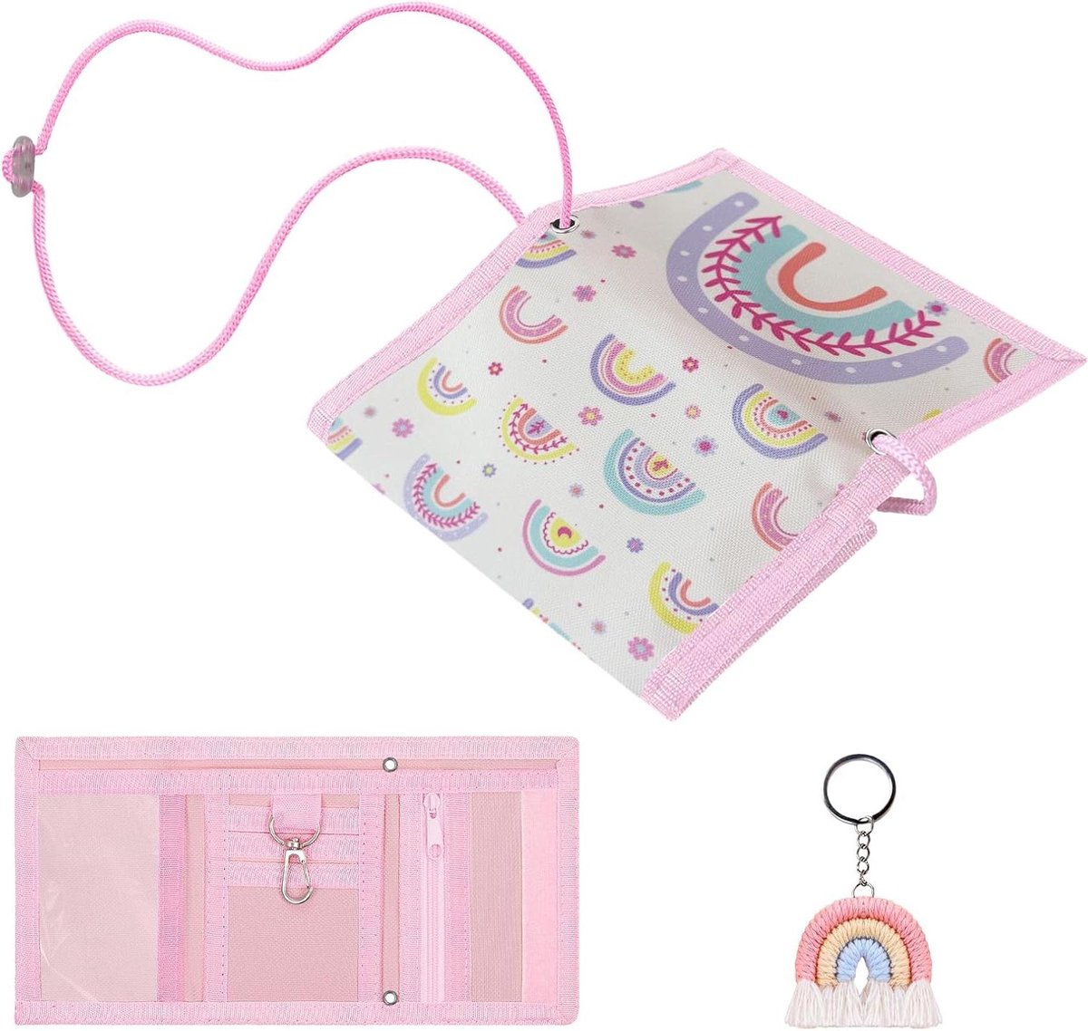 Borsttas met kijkvenster en sleutelhanger in regenboogmotief voor kinderen.